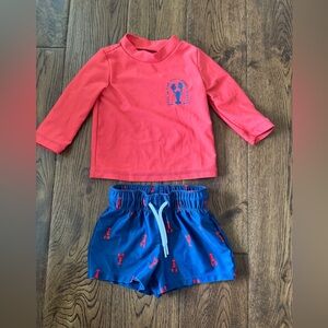 Kids Rash Guard Swim Set - Red Top & Navy Lobster Shorts